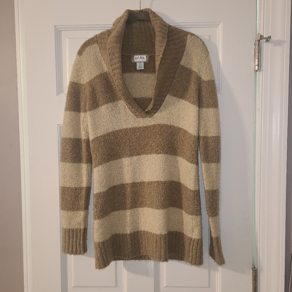 🫄NWOT Motherhood Maternity Striped Shawl Collar Knit Sweater Tan Cream - Size S